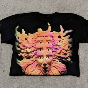 Psychedelic Shpongle Multi-Eye Sun Face Graphic Tee neon sunset Black Sz XS & S